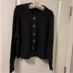 Quince 100% Organic Cotton-Cropped-Big Button Cardigan-Charcoal Gray-Large